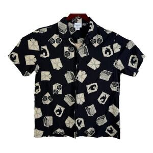 Attack On Titan Shirt Mens XL Crests Button Up Short Sleeve Rayon Black Beige